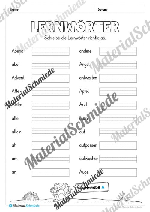 Lernwörter von A-Z abschreiben (Arbeitsblatt 01)