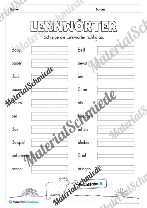 Lernwörter von A-Z abschreiben (Arbeitsblatt 02)