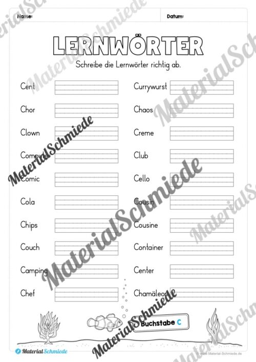 Lernwörter von A-Z abschreiben (Arbeitsblatt 03)