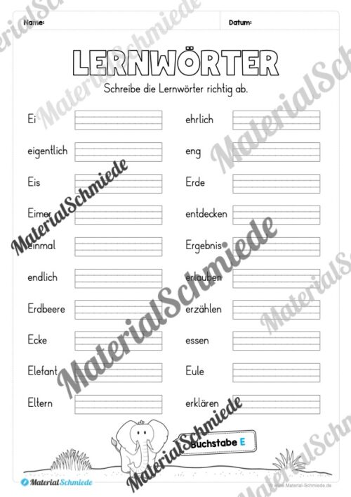 Lernwörter von A-Z abschreiben (Arbeitsblatt 05)