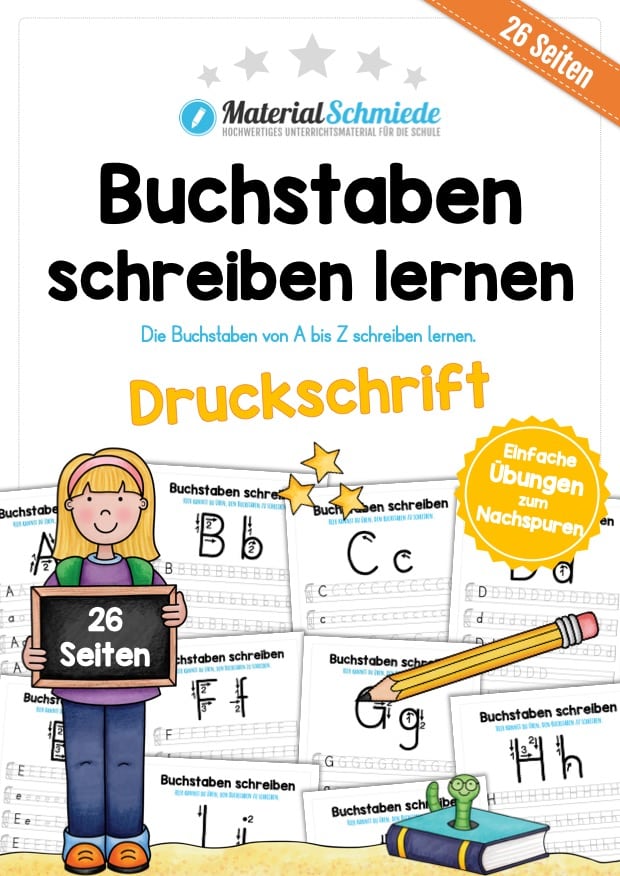 Buchstaben schreiben lernen von A-Z – Druckschrift (26 Arbeitsblätter)