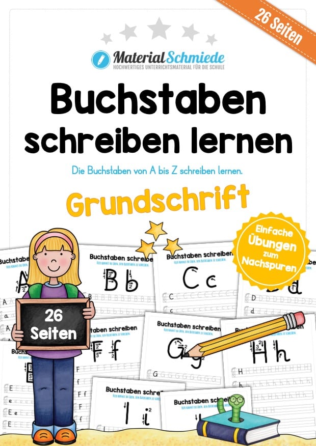 Buchstaben schreiben lernen von A-Z – Grundschrift (26 Arbeitsblätter)