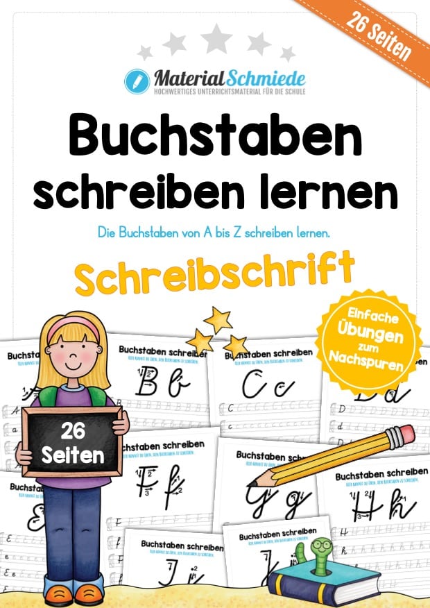 Buchstaben schreiben lernen von A-Z – Schreibschrift (26 Arbeitsblätter)