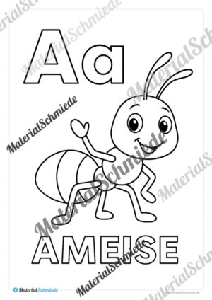 Kostenlose Ausmalbilder: Buchstaben lernen mit Tieren von A bis Z (Arbeitsblatt 01)