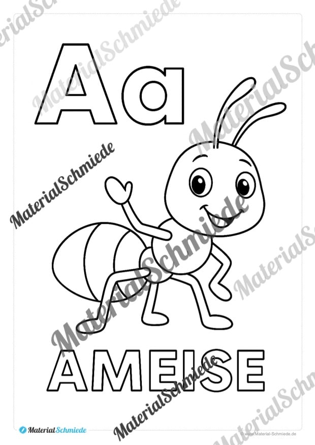 Kostenlose Ausmalbilder: Buchstaben lernen mit Tieren von A bis Z (Arbeitsblatt 01)