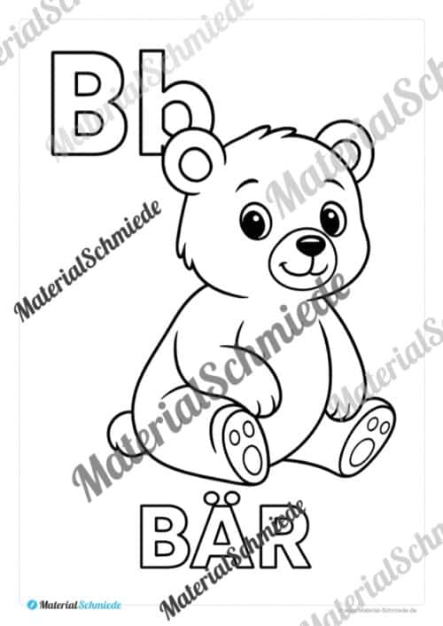 Kostenlose Ausmalbilder: Buchstaben lernen mit Tieren von A bis Z (Arbeitsblatt 02)