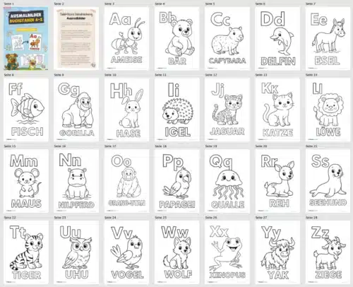 Kostenlose Ausmalbilder: Buchstaben lernen mit Tieren von A bis Z (Überblick)