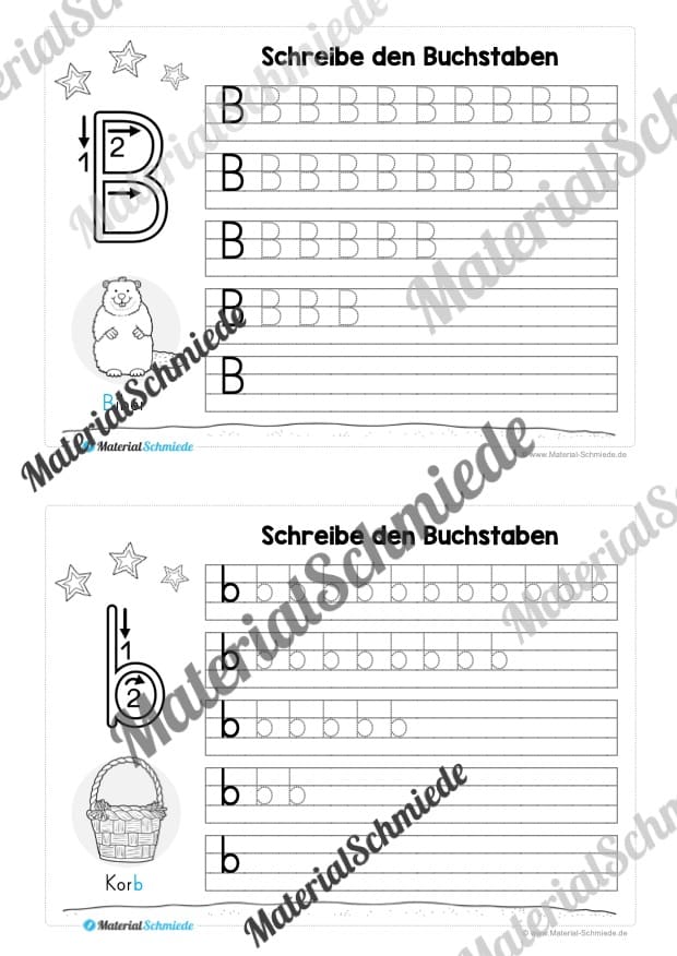 52 Karteikarten zu den Buchstaben von A-Z (Druckschrift) – Buchstabe B/b