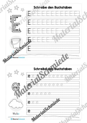 52 Karteikarten zu den Buchstaben von A-Z (Druckschrift) – Buchstabe E/e