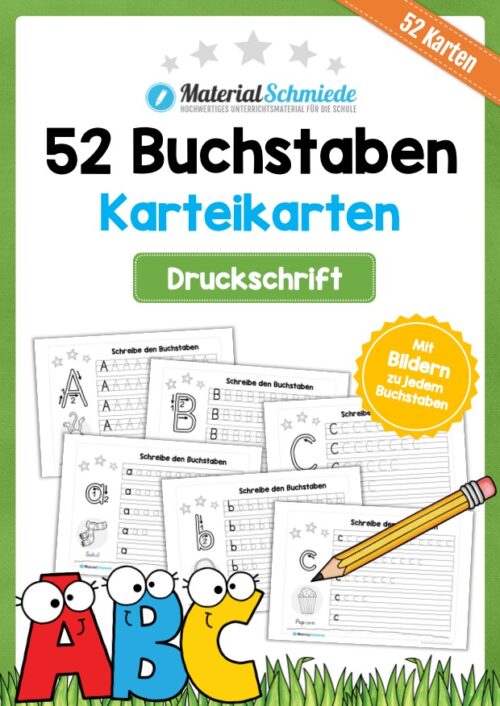 52 Karteikarten zu den Buchstaben von A-Z (Druckschrift)