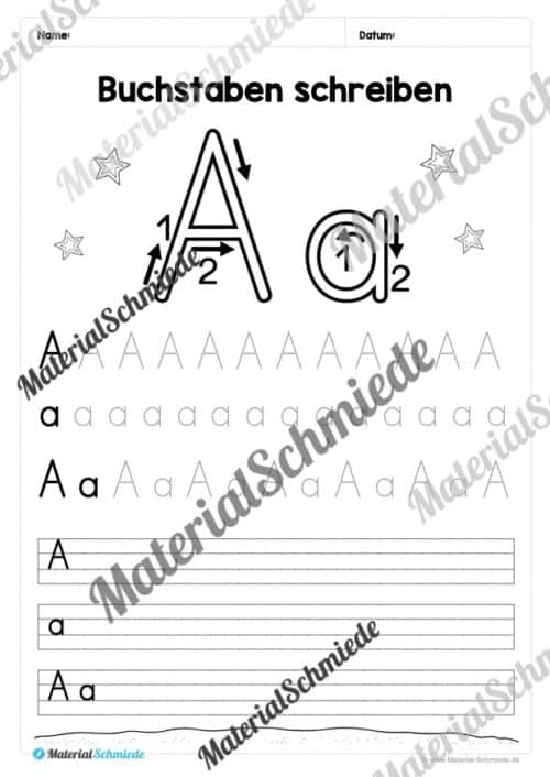 Buchstaben schreiben lernen: 26 Arbeitsblätter (Druckschrift) - Buchstabe A/a