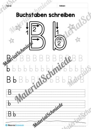 Buchstaben schreiben lernen: 26 Arbeitsblätter (Druckschrift) – Buchstabe B/b