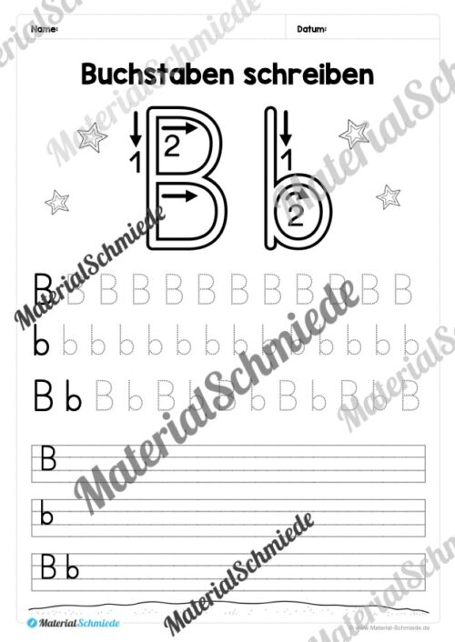 Buchstaben schreiben lernen: 26 Arbeitsblätter (Druckschrift) - Buchstabe B/b