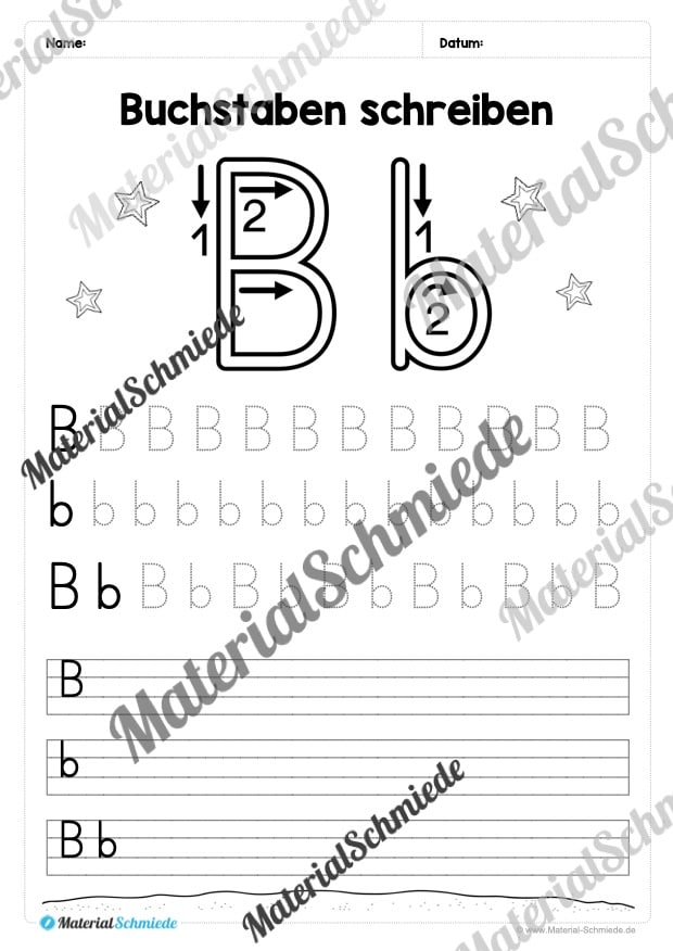 Buchstaben schreiben lernen: 26 Arbeitsblätter (Druckschrift) – Buchstabe B/b