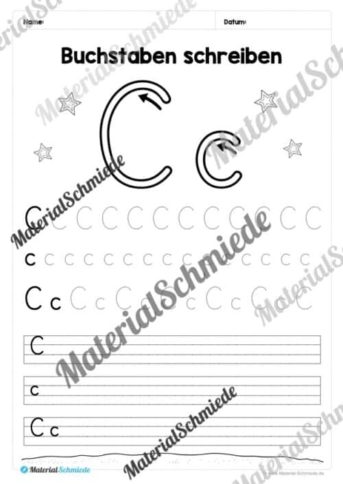 Buchstaben schreiben lernen: 26 Arbeitsblätter (Druckschrift) - Buchstabe C/c