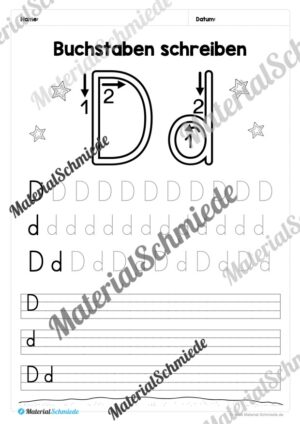 Buchstaben schreiben lernen: 26 Arbeitsblätter (Druckschrift) – Buchstabe D/d