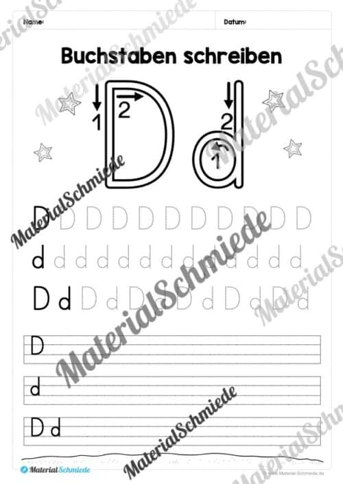 Buchstaben schreiben lernen: 26 Arbeitsblätter (Druckschrift) - Buchstabe D/d