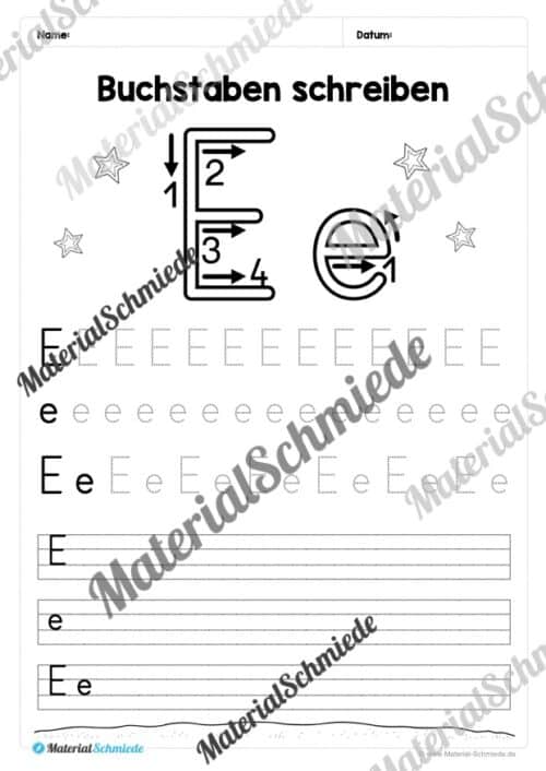 Buchstaben schreiben lernen: 26 Arbeitsblätter (Druckschrift) - Buchstabe E/e
