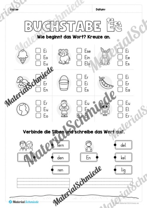 Arbeitsheft: Buchstabe E/e schreiben lernen (25 Seiten) - Arbeitsblatt 09