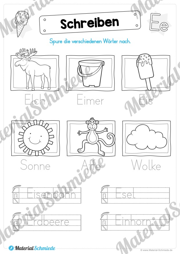 Materialpaket: Buchstabe E/e schreiben lernen (Vorschau 08)