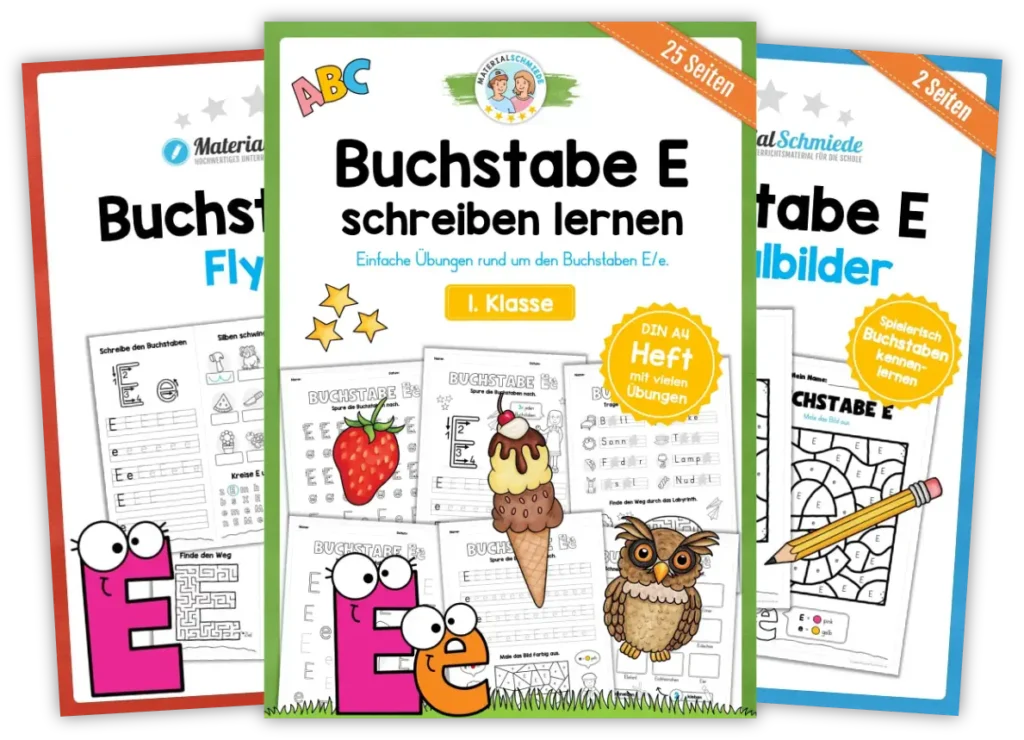 Unterrichtsmaterial mit Aufgaben und Übungen zum Buchstaben E / e (1. Klasse)
