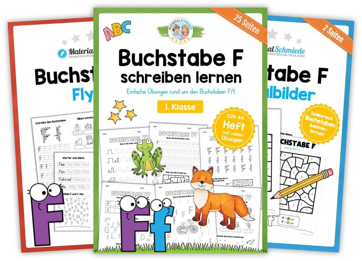Unterrichtsmaterial mit Aufgaben und Übungen zum Buchstaben F / f (1. Klasse)