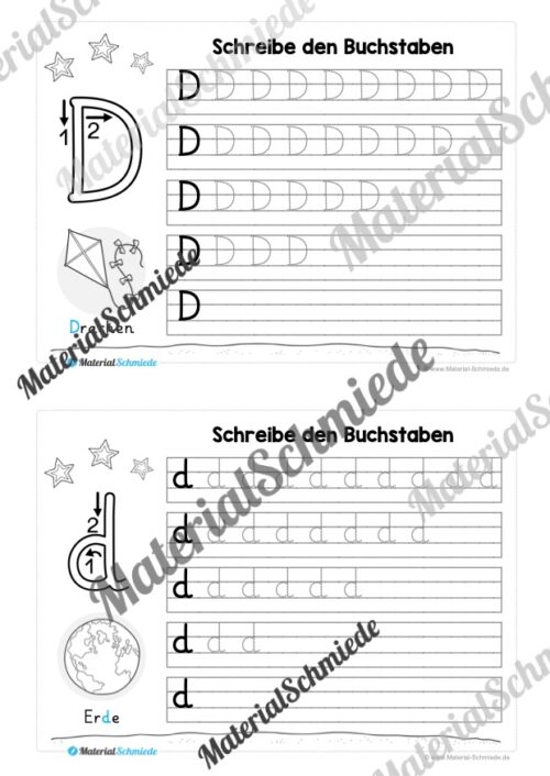 52 Karteikarten zu den Buchstaben von A-Z (Grundschrift) - Buchstabe D/d