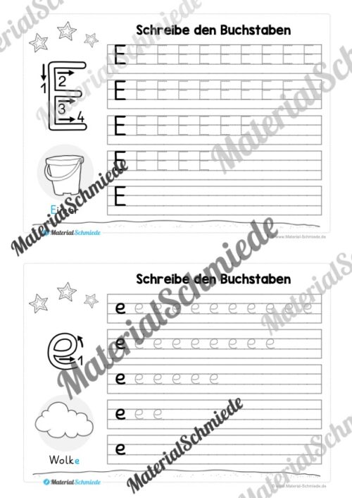 52 Karteikarten zu den Buchstaben von A-Z (Grundschrift) - Buchstabe E/e