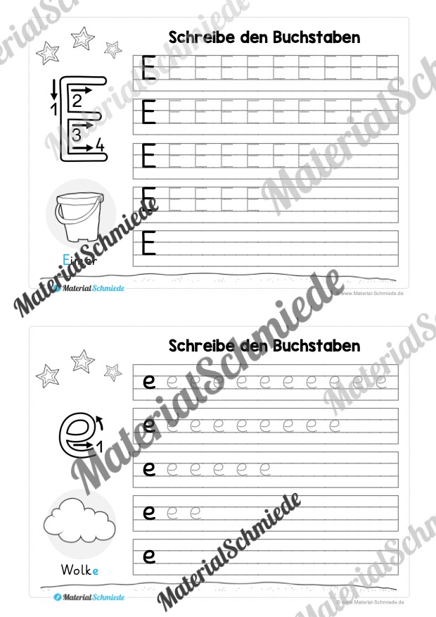 52 Karteikarten zu den Buchstaben von A-Z (Grundschrift) – Buchstabe E/e