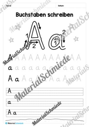 Buchstaben schreiben lernen: 26 Arbeitsblätter (Grundschrift) – Buchstabe A/a