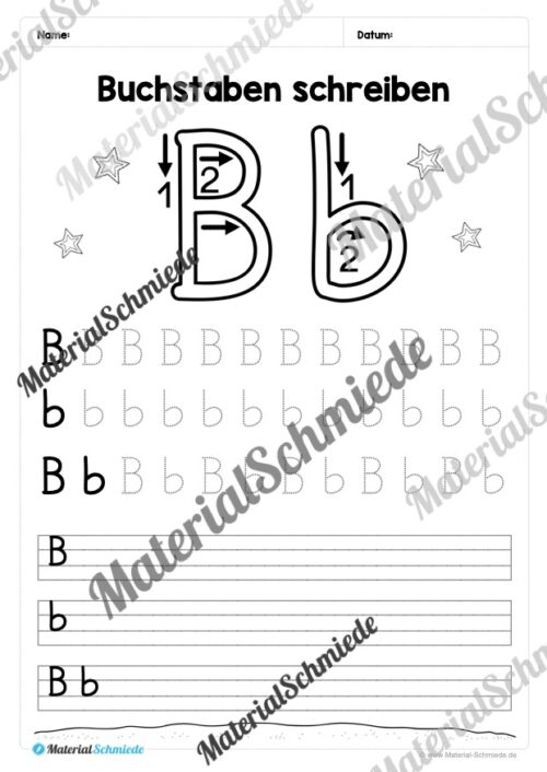 Buchstaben schreiben lernen: 26 Arbeitsblätter (Grundschrift) - Buchstabe B/b