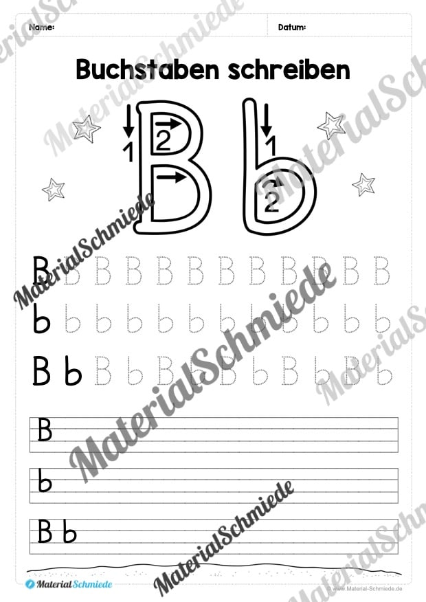 Buchstaben schreiben lernen: 26 Arbeitsblätter (Grundschrift) – Buchstabe B/b