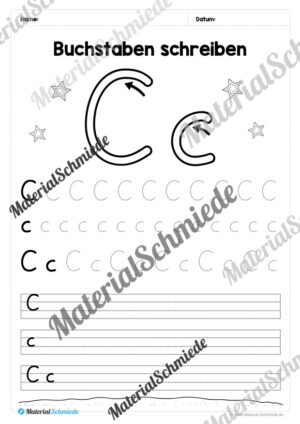 Buchstaben schreiben lernen: 26 Arbeitsblätter (Grundschrift) – Buchstabe C/c