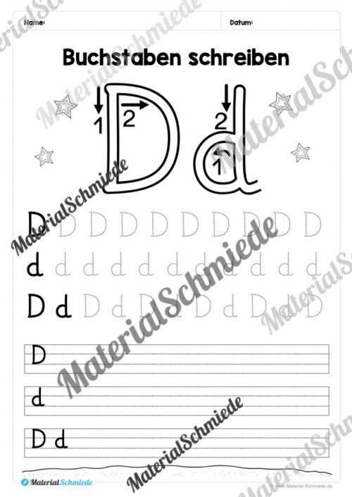 Buchstaben schreiben lernen: 26 Arbeitsblätter (Grundschrift) - Buchstabe D/d
