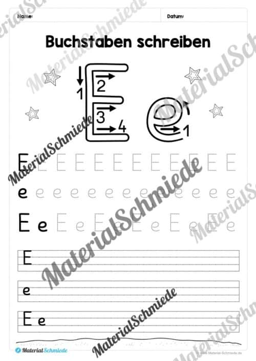 Buchstaben schreiben lernen: 26 Arbeitsblätter (Grundschrift) - Buchstabe E/e