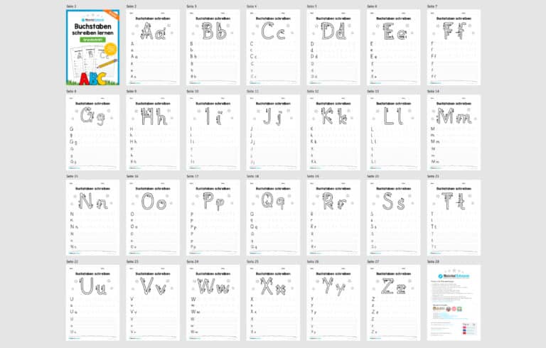 Buchstaben schreiben lernen: 26 Arbeitsblätter (Grundschrift) – Überblick