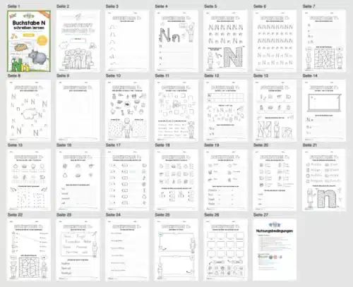 Arbeitsheft: Buchstabe N/n schreiben lernen (25 Seiten) - Überblick