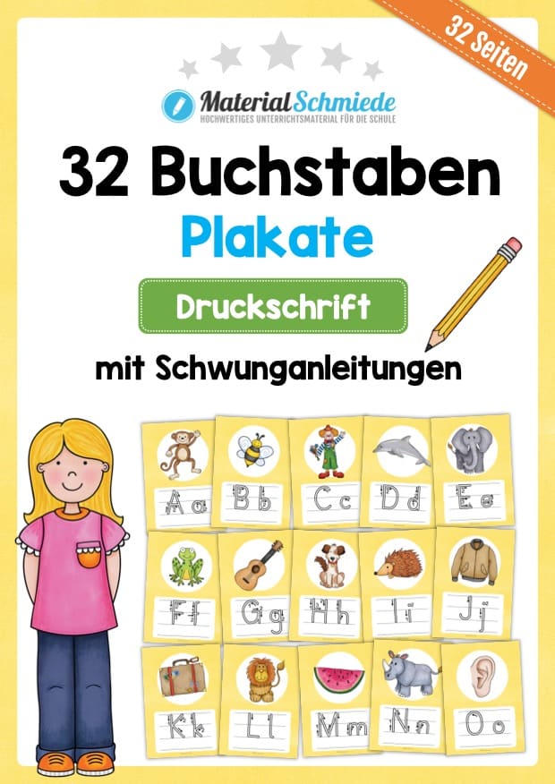 Bundle: 32 Buchstaben-Plakate (Druckschrift mit Schwunganleitungen)