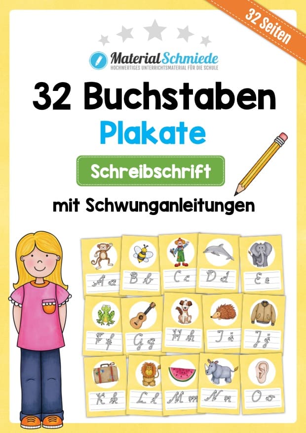 Bundle: 32 Buchstaben-Plakate (Schreibschrift mit Schwunganleitungen)