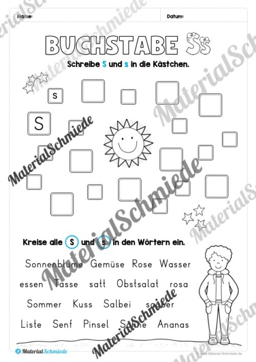 Buchstabe S / s (25 Arbeitsblätter & Übungen) - Arbeitsblatt 07