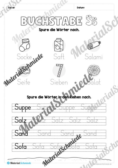 Buchstabe S / s (25 Arbeitsblätter & Übungen) - Arbeitsblatt 10