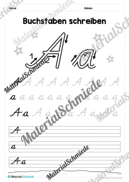 Buchstaben schreiben lernen: 26 Arbeitsblätter (Schreibschrift) - Buchstabe A/a
