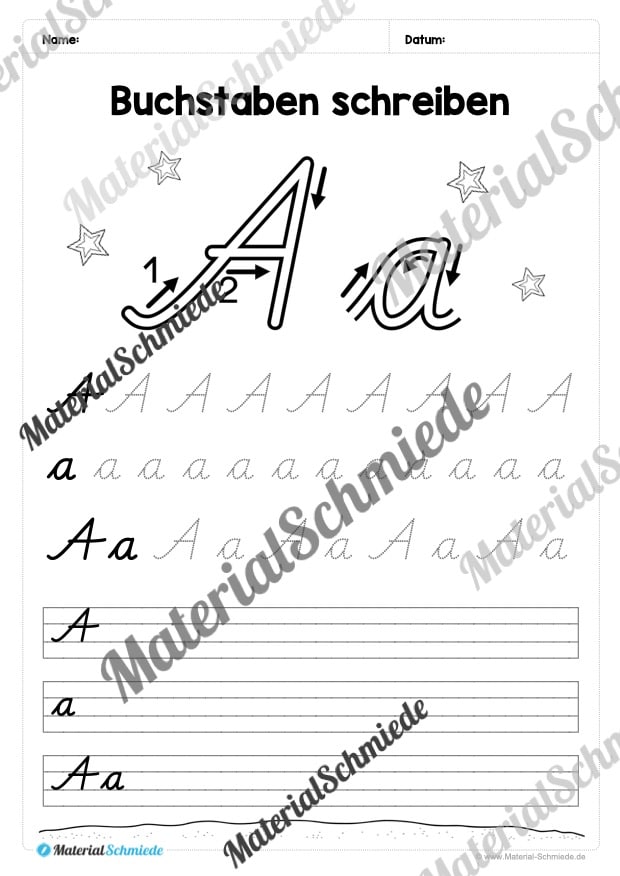 Buchstaben schreiben lernen: 26 Arbeitsblätter (Schreibschrift) – Buchstabe A/a