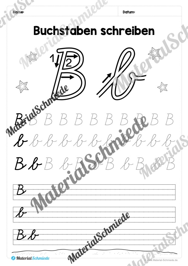 Buchstaben schreiben lernen: 26 Arbeitsblätter (Schreibschrift) – Buchstabe B/b