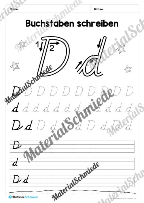 Buchstaben schreiben lernen: 26 Arbeitsblätter (Schreibschrift) - Buchstabe D/d