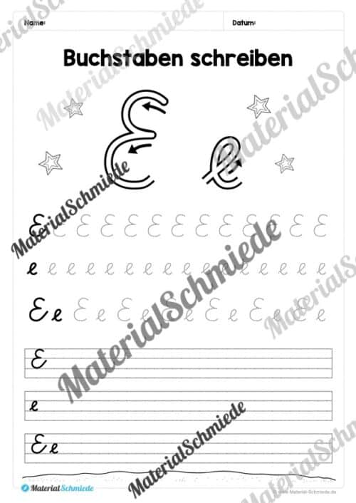 Buchstaben schreiben lernen: 26 Arbeitsblätter (Schreibschrift) - Buchstabe E/e