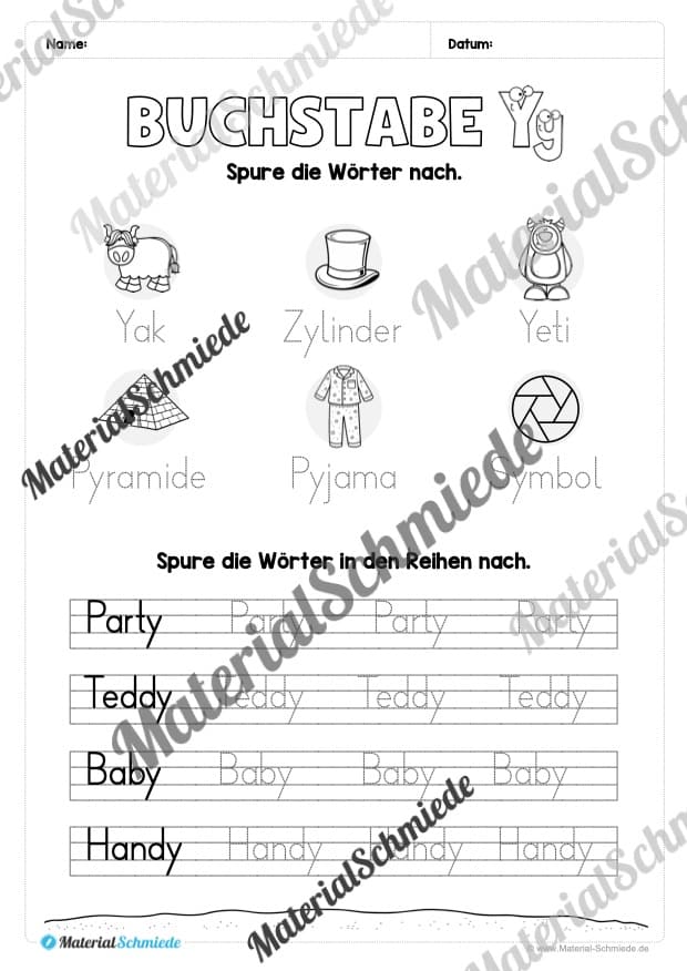 Buchstabe Y / y (24 Arbeitsblätter & Übungen) - Arbeitsblatt 09