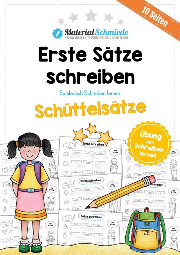 Erste Sätze schreiben: Schüttelsätze (10 Arbeitsblätter)