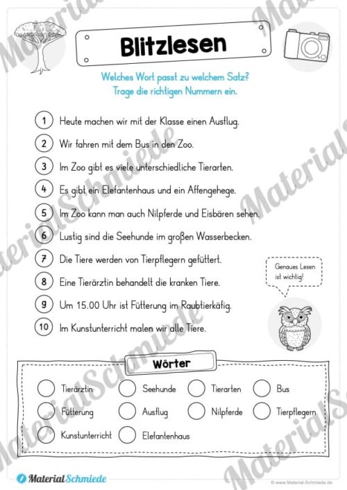 10 Leseübungen: Thema Tiere (Lesen & Verstehen) - Blitzlesen