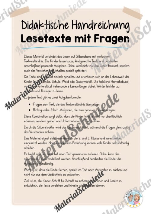 Silbenschrift: Lesetexte mit Fragen (2. & 3. Klasse) - Arbeitsblatt 01